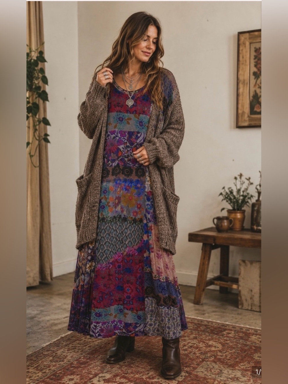 NATURAL LIFE Patchwork Floral Long Sleeve Maxi Dress - Purple, Blue, Brown 🍂 🆕 - Picture 2 of 15